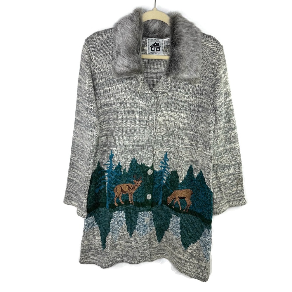 Storybook Knits Gray Woodlands Cardigan with Faux Fur Collar Deer Motif M